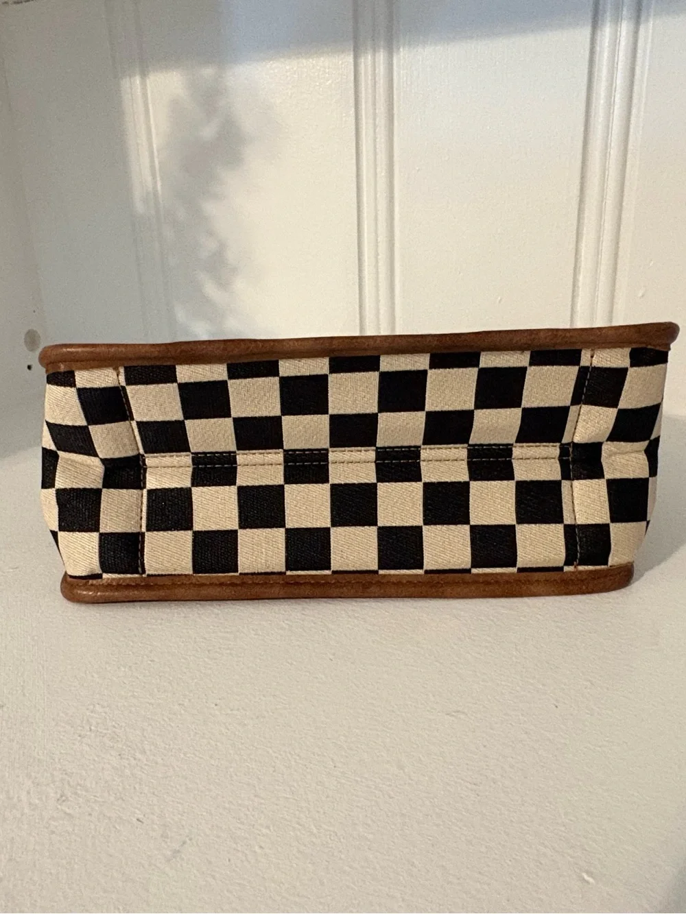 Checkerboard Canvas Tote with Brown Trim